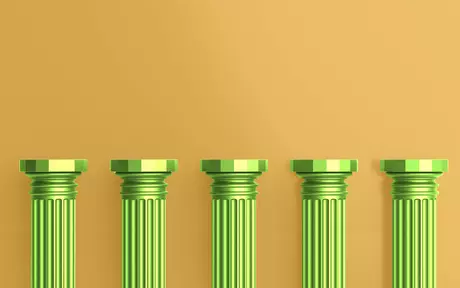 5 green pillars in yellow background