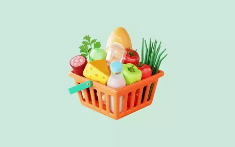 3D-Bild eines Einkaufskorbs gefüllt mit Lebensmitteln