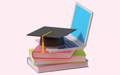 Illustratie van een academische baret bovenop een laptop en boeken